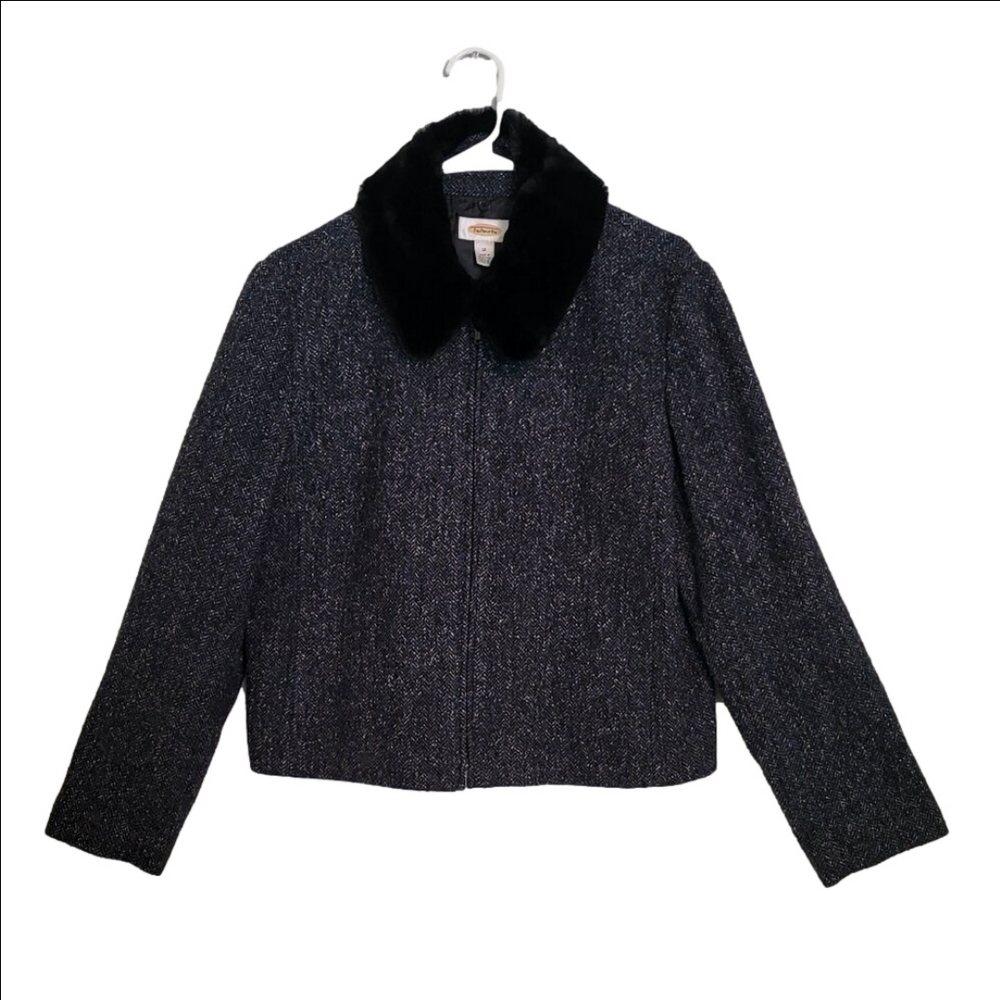 NWOT Talbots Blue Tweed Wool Silk Faux Fur Collar Zip Up Crop Jacket Size 10